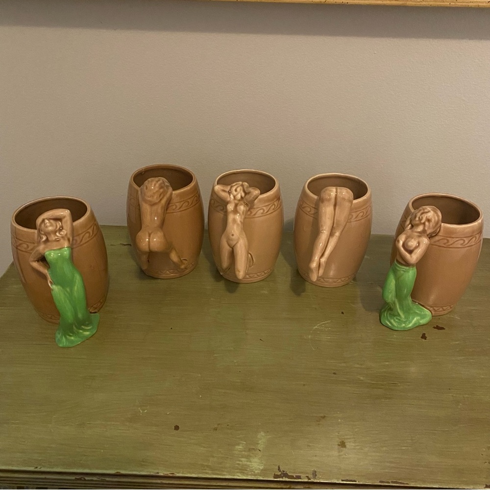 Rare 50s Vintage strip nude pinup tiki barrel ceramic mugs Japan